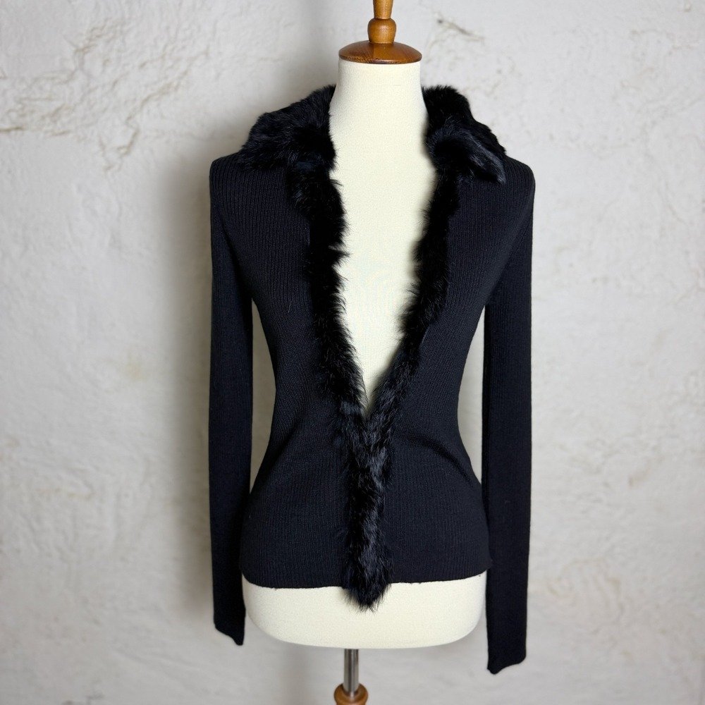 NWT Vintage Hurley Faux Fur Trim Cardigan Womens Medium M Black Knit Sweater Y2K